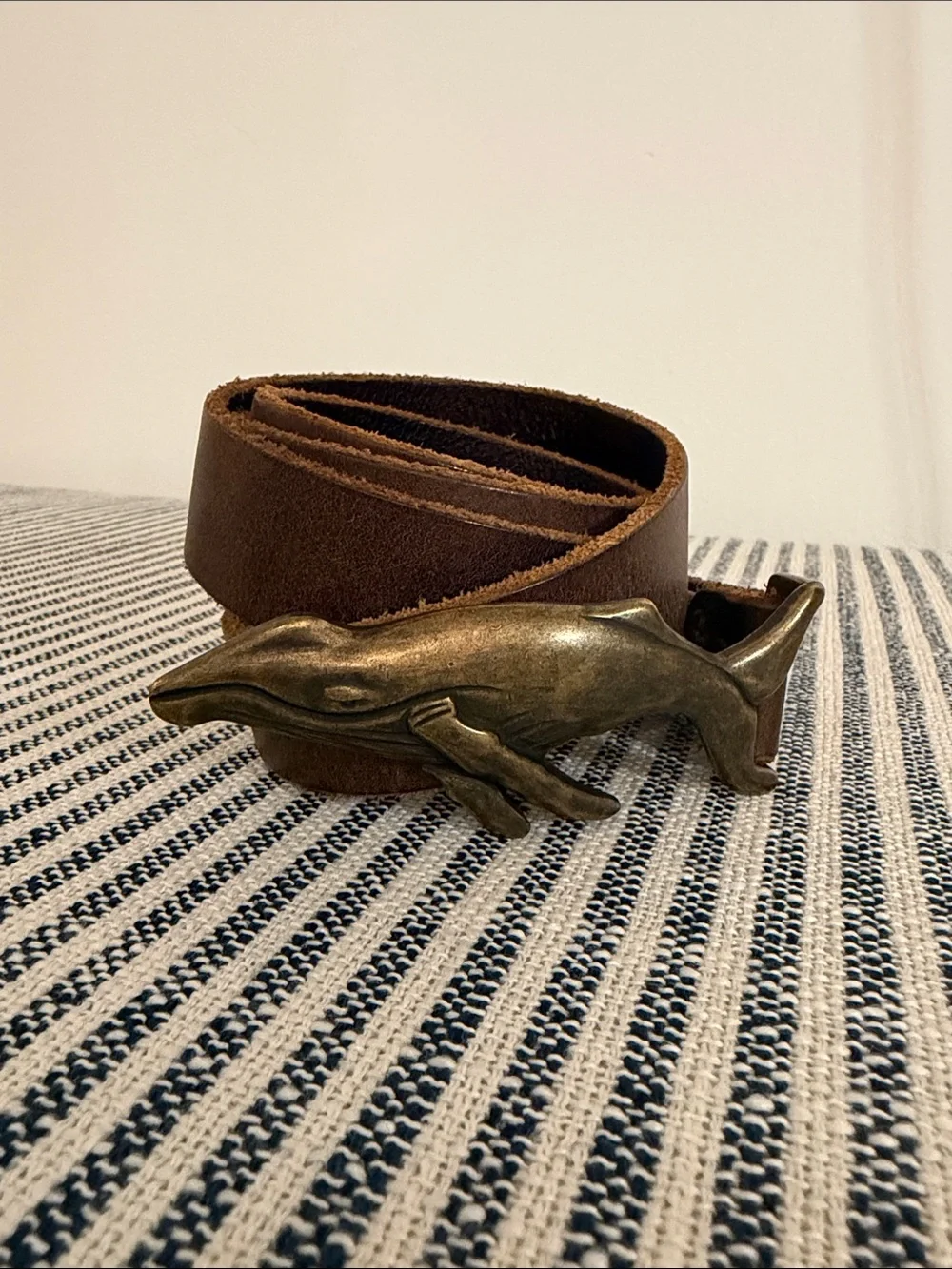 J Crew co. Vintage NYC Brown Leather Men's Belt with Whale Brass Buckle- medium
